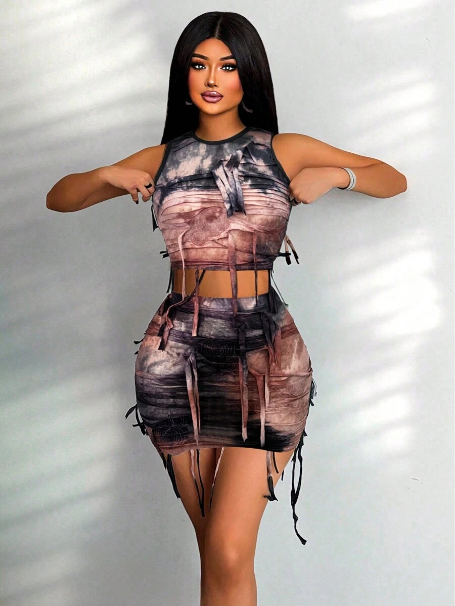 Zolique 女士时尚性感扎染破洞短款上衣和紧身迷你裙两件套 - 中紫紅色 - 查看 1