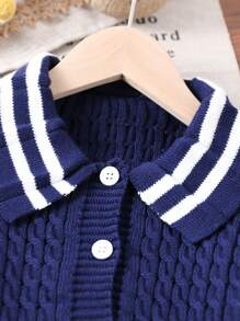 Young Girl Striped Print Button Front Long Sleeve Knit Cardigan - Royal Blue - View 6