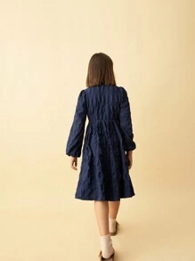 SHEIN Tween 女童休闲日常装蓝色褶皱荷叶边领泡泡袖喇叭下摆连衣裙，秋冬 - 藍色 - 查看 3