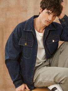 Men Premium 91% Cotton Denim Zip Up Jacket - Dark Wash - View 1