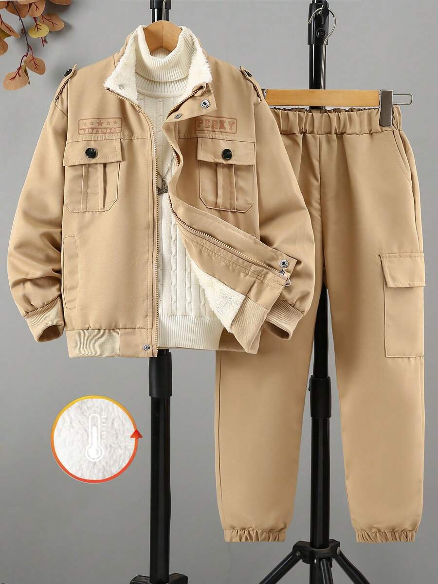 SHEIN 2pcs Tween Boy Outdoor Fleece Padded Cargo Jacket And Pants Set, Fall/Winter - Khaki - View 1