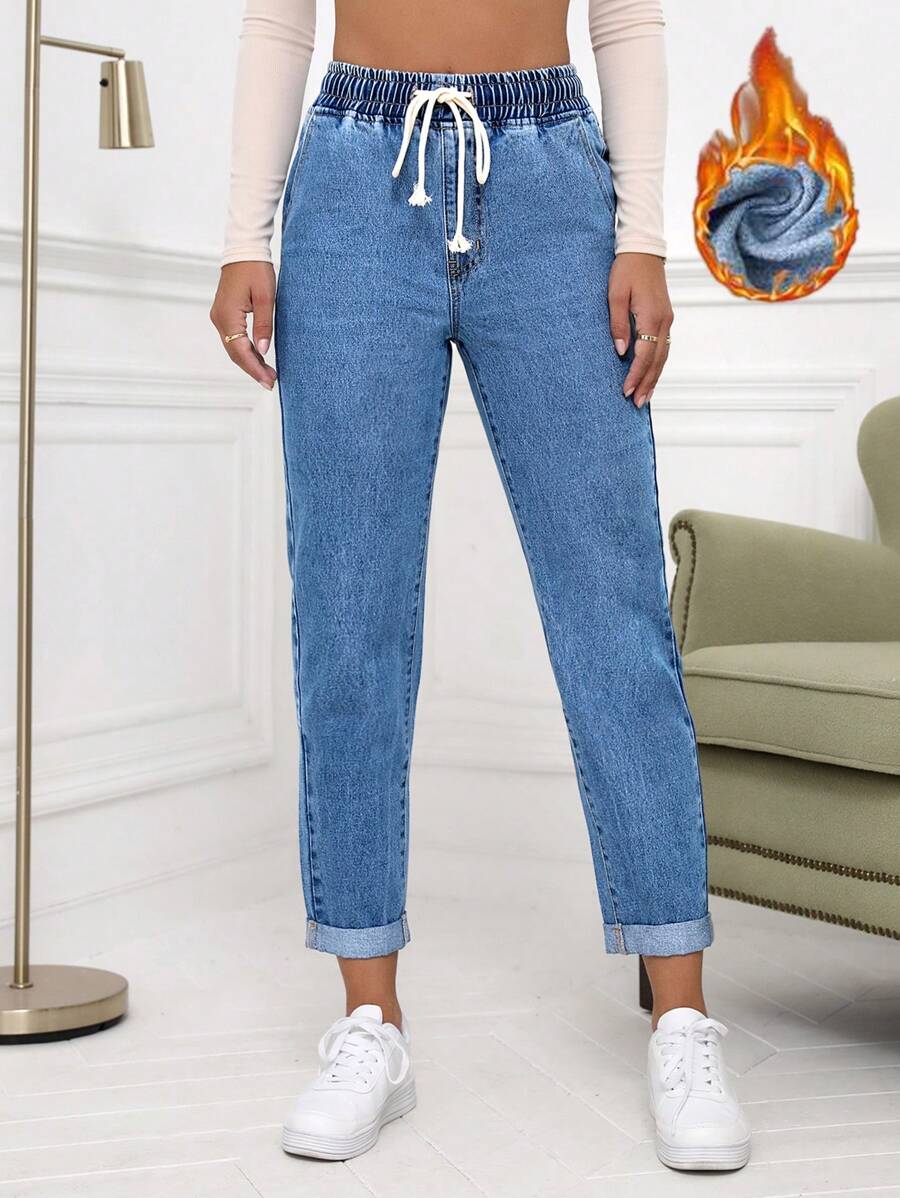 SHEIN Essnce Casual Washed Drawstring Waist Tapered Jeans Thickened Denim - Blue - View 1