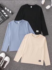 SHEIN Leap Crew Tween 男童宽松纯色圆领长袖针织 T 恤，秋季 (10)，冬季 (5)，棕色，蓝色，黑色 - 藍色 - 查看 1