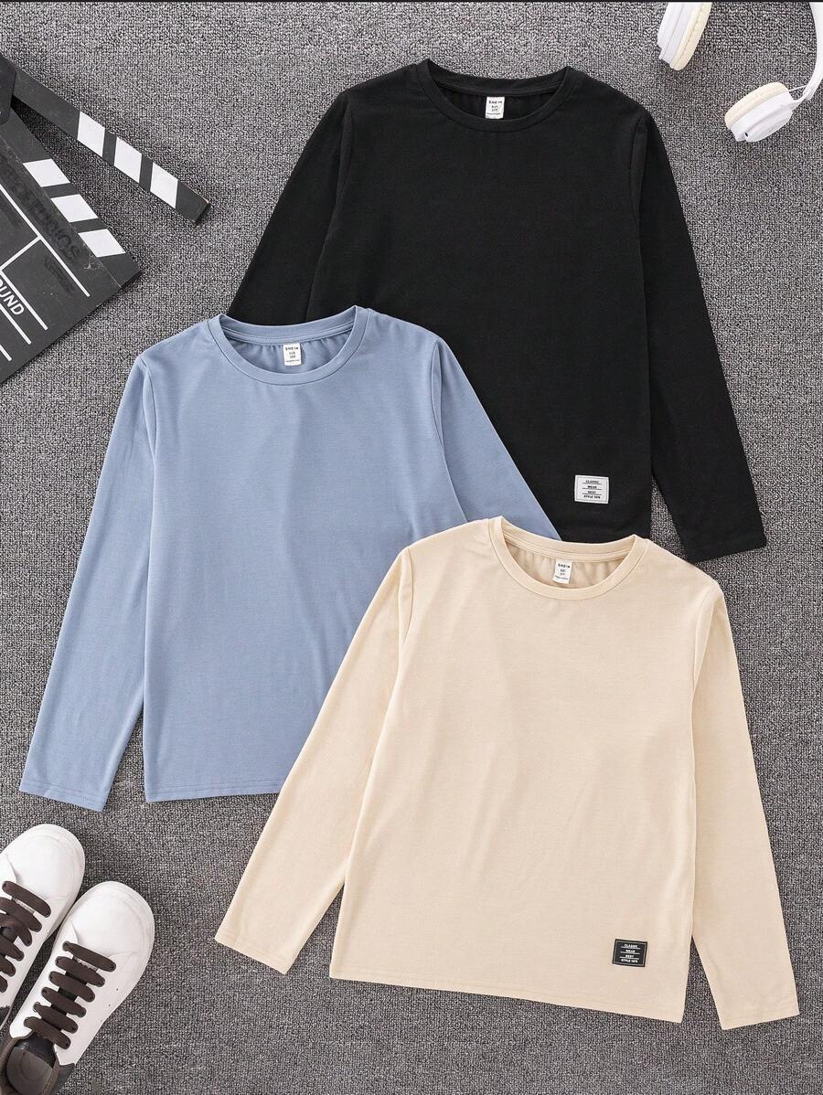 SHEIN Leap Crew Tween 男童宽松纯色圆领长袖针织 T 恤,秋季 (10),冬季 (5),棕色,蓝色,黑色 - 藍色 - 查看 1