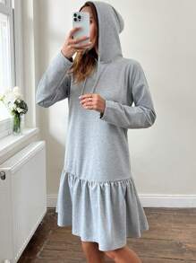 RueChic Drop Shoulder Ruffle Hem Drawstring Hooded Dress - Grey - View 4