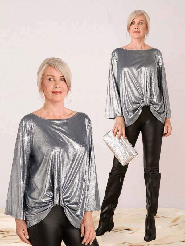 SHEIN LUNE Women Autumn Metallic Round Neck Long Sleeve Twist Hem Loose Casual T-Shirt