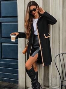 Chiquease 女士休闲撞色边饰单排扣大衣，适合秋季