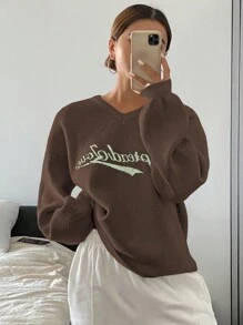 DAZY Suéter holgado de tejido jacquard con cuello en V y letra para mujer