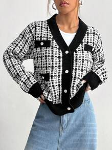 Flirla Cárdigan ancho informal de una hilera con manga larga a cuadros, otoño/invierno para mujer