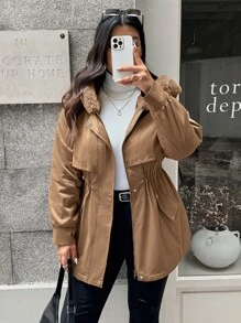 Calvaya Manteau rembourré casual pour femmes grandes tailles à manches longues, taille resserrée par cordon de serrage, doublure thermique, avec capuche pour l'automne et l'hiver