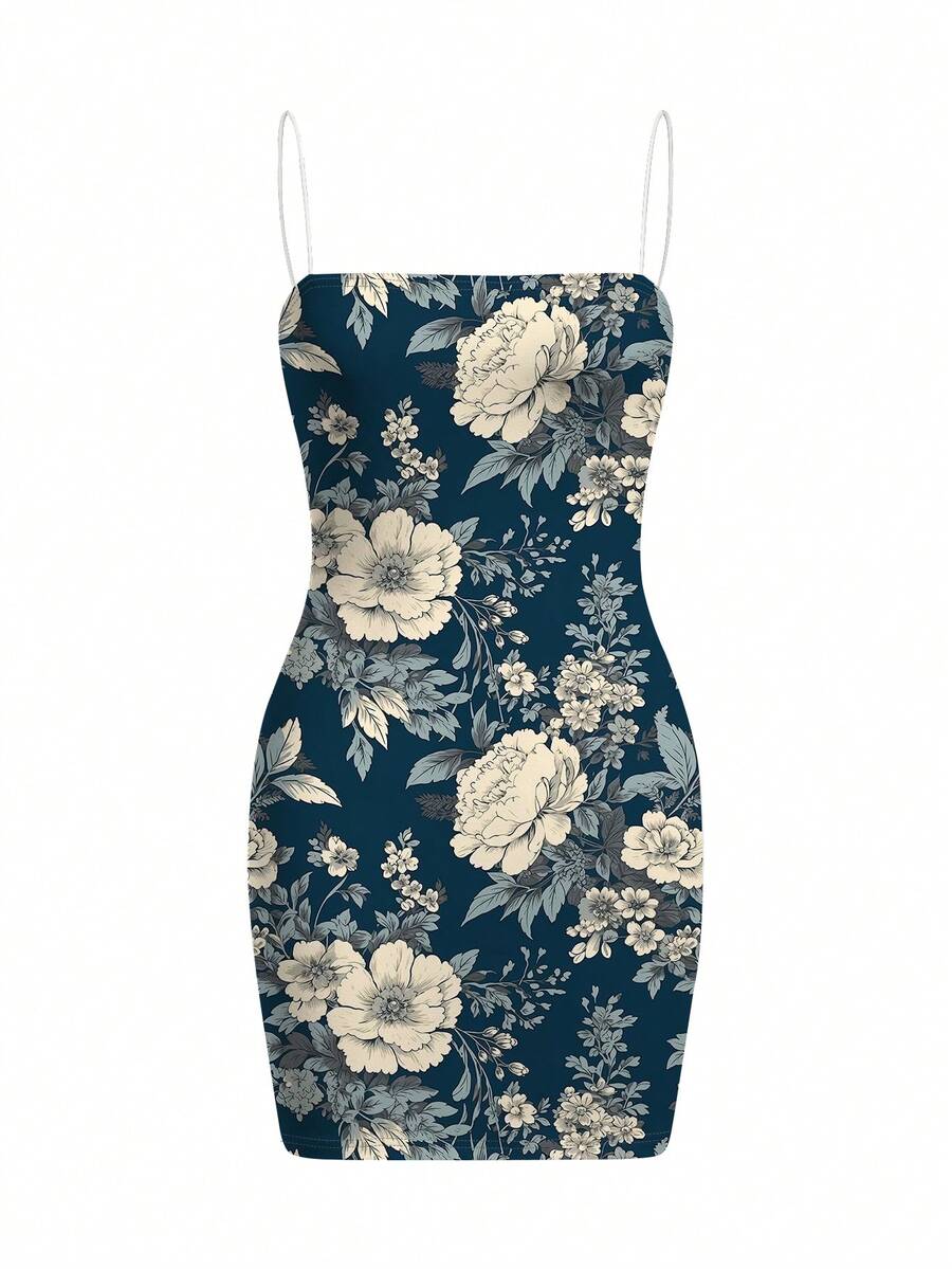 Pati Paints Artist Women's Slim-Fit Floral Print Spaghetti Strap Cami Midi Dress, Vacation Wear, Mature Style, For Thanksgiving - Multicolor - View 1