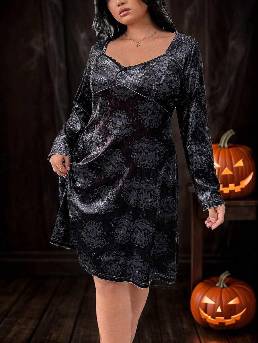 SHEIN Privé Plus Size Women Halloween Pattern Print Bodycon Dress, New - Black - View 1
