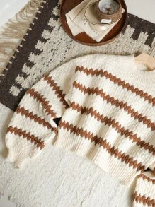 SHEIN VCAY Relaxed Striped Stand Collar Sweater For Women