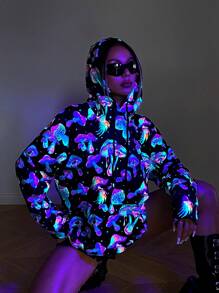 Flirla Black Fluorescent Mushroom Digital Print Hoodie Sweatshirt With Kangaroo Pocket And Drop Shoulder Casual Sports Wear,Long Sleeve Tops
