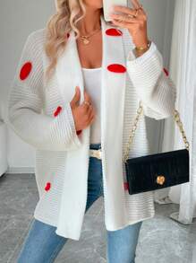 SHEIN Clasi Women's Loose Solid Color Long Sleeve Drop Shoulder Cardigan Sweater With 3D Big Red Lip Decoration, Suitable For Autumn/Winter - White - View 1
