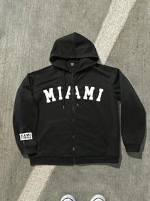 Manfinity EMRG 男士休闲字母印花拉链抽绳连帽衫卫衣，图案男士拉链连帽衫，长袖，拉链连帽衫，外出，图案，街头服饰 - 黑色 - 查看 1