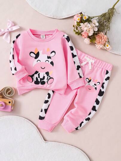 SHEIN Playful Pals 2 件装女婴秋季可爱卡通奶牛印花长袖圆领运动衫和运动裤套装，休闲