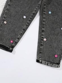 SHEIN Vintaside Kids 度假風格可愛休閒寬鬆七彩花朵刺繡牛仔錐形褲女童 - 黑色 - 查看 6