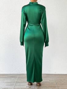 Chiquease Women Elegant Green Satin Pleated Dress - Green - View 2