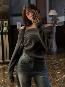 DAZY 女士露肩纯色针织T恤，深灰色，春夏秋季长袖女式上衣，秋季女装露肩上衣 - 深灰色 - 查看 4