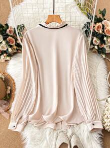 SHEIN CURVE+ Plus Size Women's Spring & Summer Frill Collar Tie Front Ruched Long Sleeve Elegant Blouse - Apricot - View 2