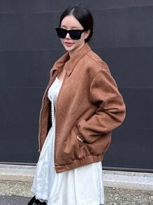 DAZY Áo khoác da PU trơn màu có khóa kéo túi trước cho nữ, Quần áo mùa thu cho nữ - Rỉ Nâu - Xem 2