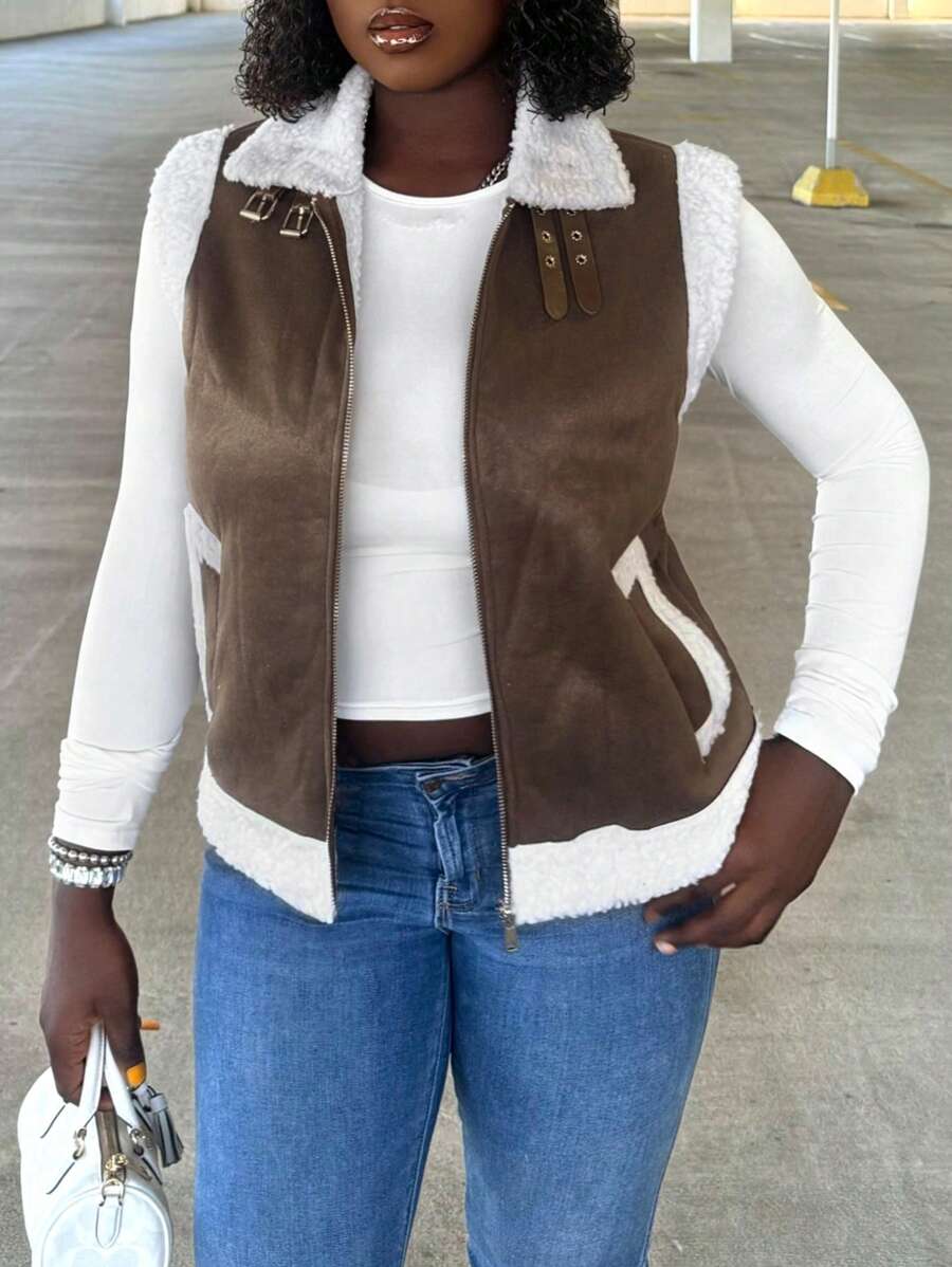 Zolique 女士休闲蓬松衬里背心夹克，秋冬 - 咖啡棕 - 查看 1