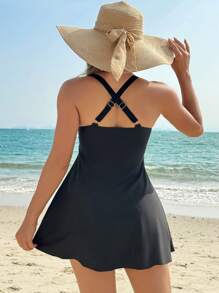 Swim Lushoire 2pcs/Set Women Solid Color Camisole & Tankini Swimming Suit Summer - Black - View 2