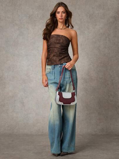 SHEIN BAE 棕色皮革外观 PU 褶皱抹胸上衣，女式秋季上衣，露肩上衣，性感女式上衣