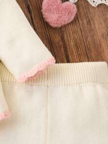 SHEIN Baby Girls' Embroidered Sweater Outfit, Beige, Warm And Fashionable For Spring, Fall, Winter, Suitable For Daily, Outdoor, Travel, Private, Home, Daycare, School Occasions