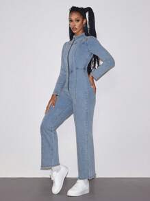 Jeanoix 女士秋季立领拉链半襟长袖休闲流苏喇叭牛仔连体裤 - 藍色 - 查看 7