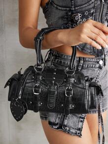 SHEIN ICON 女士时尚新款甜美酷炫 Y2K 心形吊坠复古摩托车手提手提包、街头、Y2K、复古、顶级手提包、手提包、黑色、酷炫、铆钉、街头、Y2K、复古、心形、摩托车手风格、校园包、青少年包 - 黑色 - 查看 2