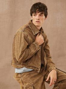 Manfinity NXTstreet Men Premium Cotton Zip Up Denim Jacket, Christmas - Brown - View 8