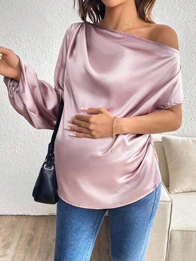 SHEIN 孕妇优雅纯色不对称领衬衫