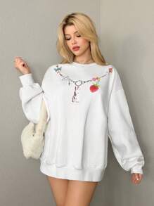 Sweetina Oversized Cartoon Print Thermal Lined Sweatshirt For Women