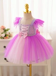 Glamorique Kids Christmas Partywear Santa Dress, New Year's Dress. Baby Girl Christmas & Halloween Ball Gown Dress, Princess Dress With Bow, Sequin Silver Ribbon, Pink Satin Ribbon, Flared Tulle Skirt, Front & Back Bow, Stage Performance, Birthday Party, Wedding, Festival Dress, Suitable For All Seasons