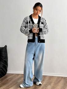 Flirla Cárdigan ancho informal de una hilera con manga larga a cuadros, otoño/invierno para mujer