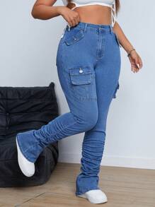 SHEIN ICON Pantalones vaqueros de cargo de diseño sencillo con botones delanteros y bolsillos, ropa casual de uso diario de talla grande - Azul lavado oscuro - Ver 5