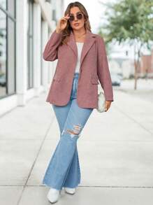 SHEIN LUNE 大码女式纯色翻领长袖单扣休闲西装外套，冬季女式情人节假日宽松西装外套 - 粉色 - 查看 6