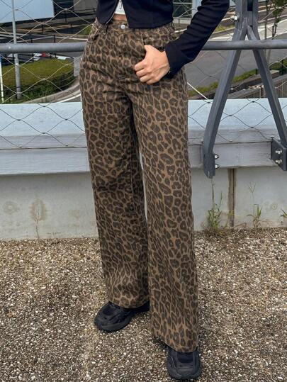 FRIFUL Leopardmönstrade fickor för kvinnor avslappnade all-match jeans