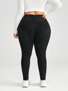 SHEIN CURVE+ 黑色大码牛仔裤休闲紧身弹力长裤，内衬更保暖