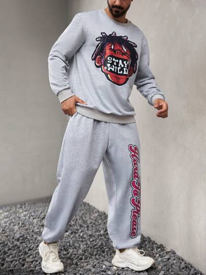 Manfinity LEGND 2pcs Plus Size Men Cartoon Print Sweatshirt And Letter Print Sweatpants Set