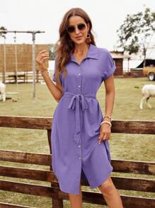 EMERY ROSE 女士纯色蝙蝠袖短袖结腰休闲宽松衬衫连衣裙 - 紫羅蘭色 - 查看 1