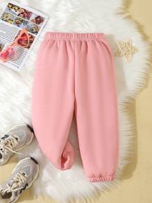 2pcs Baby Girls Athleisure Fleece Letter Print Sweatshirt & Pants Set, Autumn/Winter - Pink - View 2