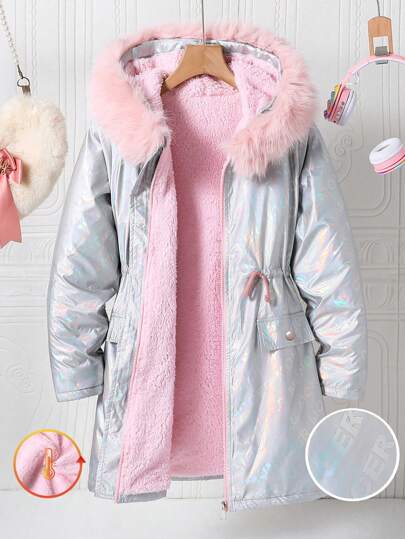 Sparklyn Chaqueta cálida con cuello de piel sintética de color contrastante para niñas preadolescentes