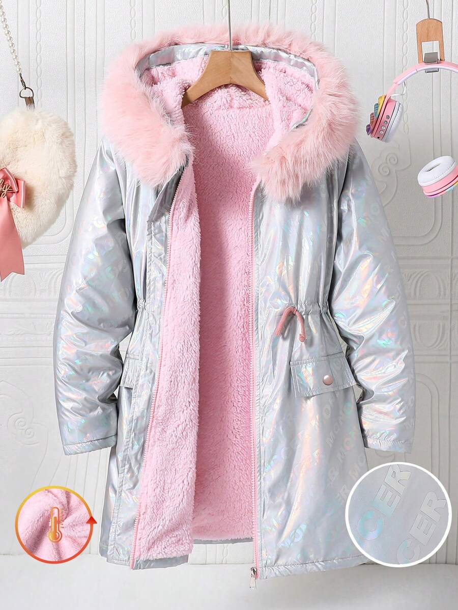 SHEIN 女童撞色毛领保暖夹克 - 銀色 - 查看 1