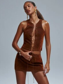 MUSERA Top sin mangas con cordones frontales, estilo primaveral 90s Y2K, lindo y sexy para el verano