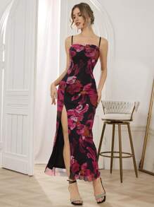 SHEIN Belle Vestido de fiesta elegante con estampado floral, abertura en el bajo, tirantes finos, para mujer. Vestido de cóctel, semirrígido, para fiesta, cumpleaños, boda, graduación, cena, baile de graduación