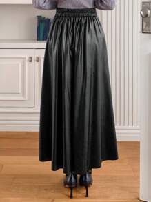 DAZY 1 pezzo Gonna a-line in ecopelle di colore unito con vita elastica, adatta per autunno e inverno - nero - Visualizzare 4