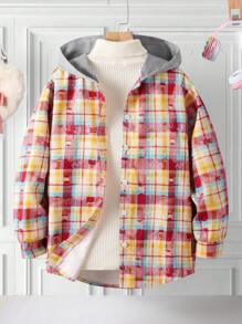 1 Stück Tween-Mädchen Jacke mit Kapuze im Kontrast Karomuster, Knopfleiste - Verschiedenfarbig - Übersicht 1